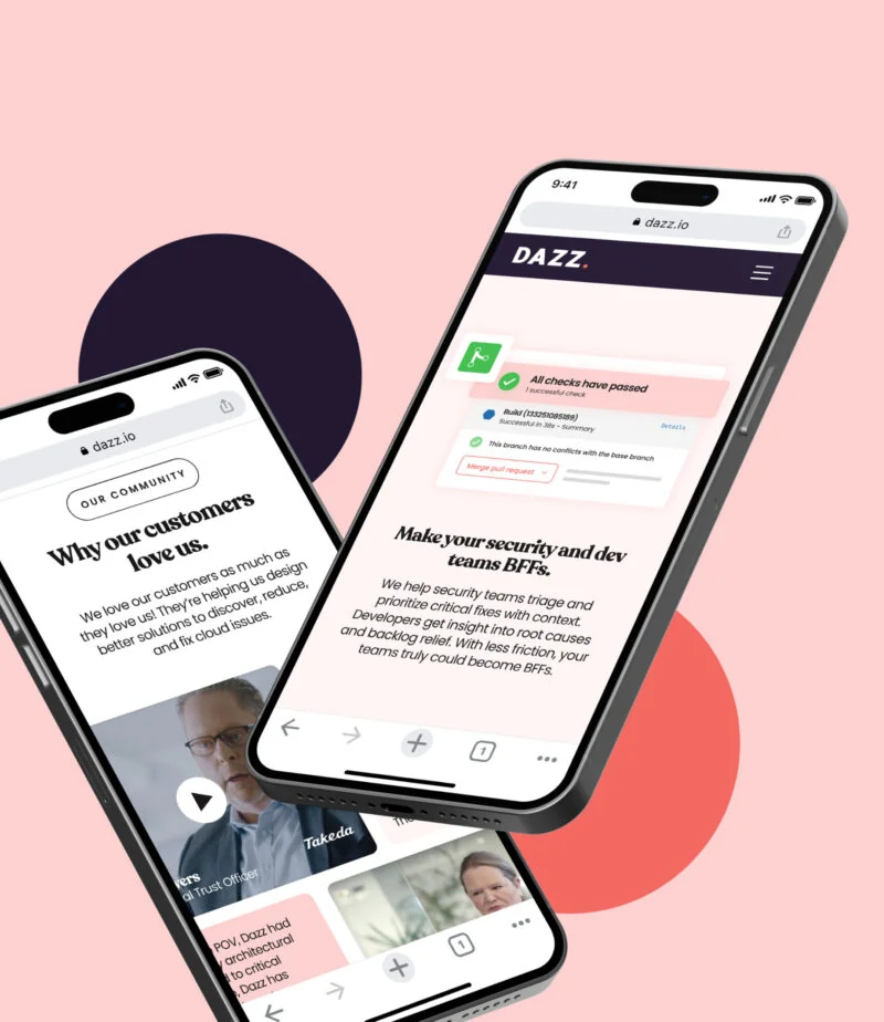 The Dazz experience on mobile, with floating brand shapes.