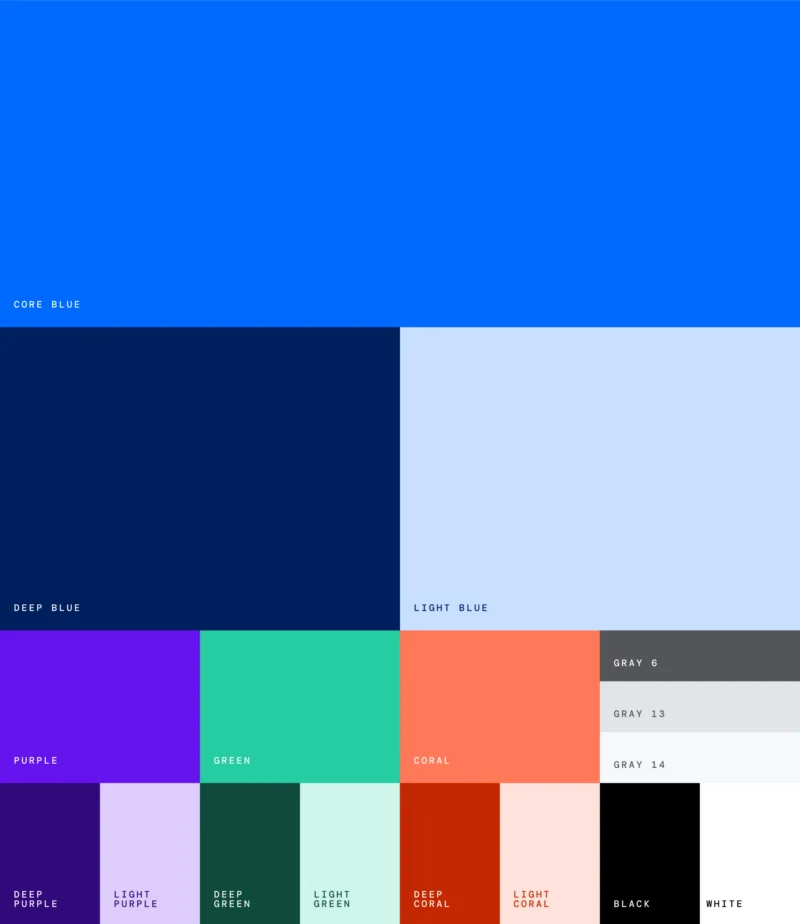 The refreshed DigitalOcean color system — core blue, deep blue, and light blue paired with purple, green, coral, and a neutral gray scale.