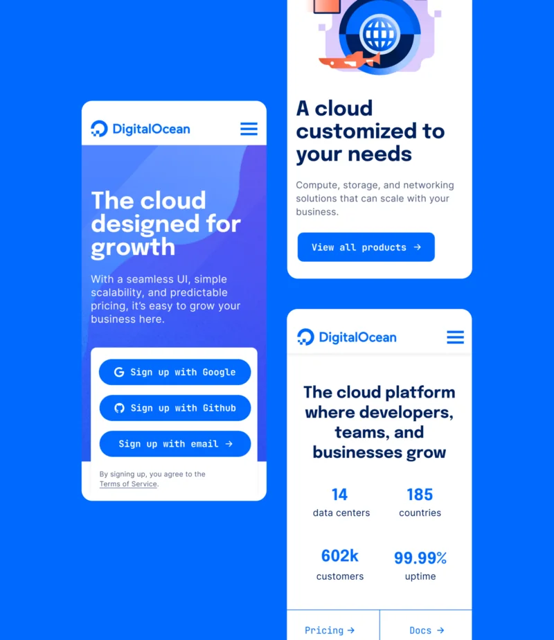 Three DigitalOcean mobile screens — a 'cloud designed for growth' sign-up screen, a customized-solutions screen, and a stats screen with 14 data centers and 602k customers.