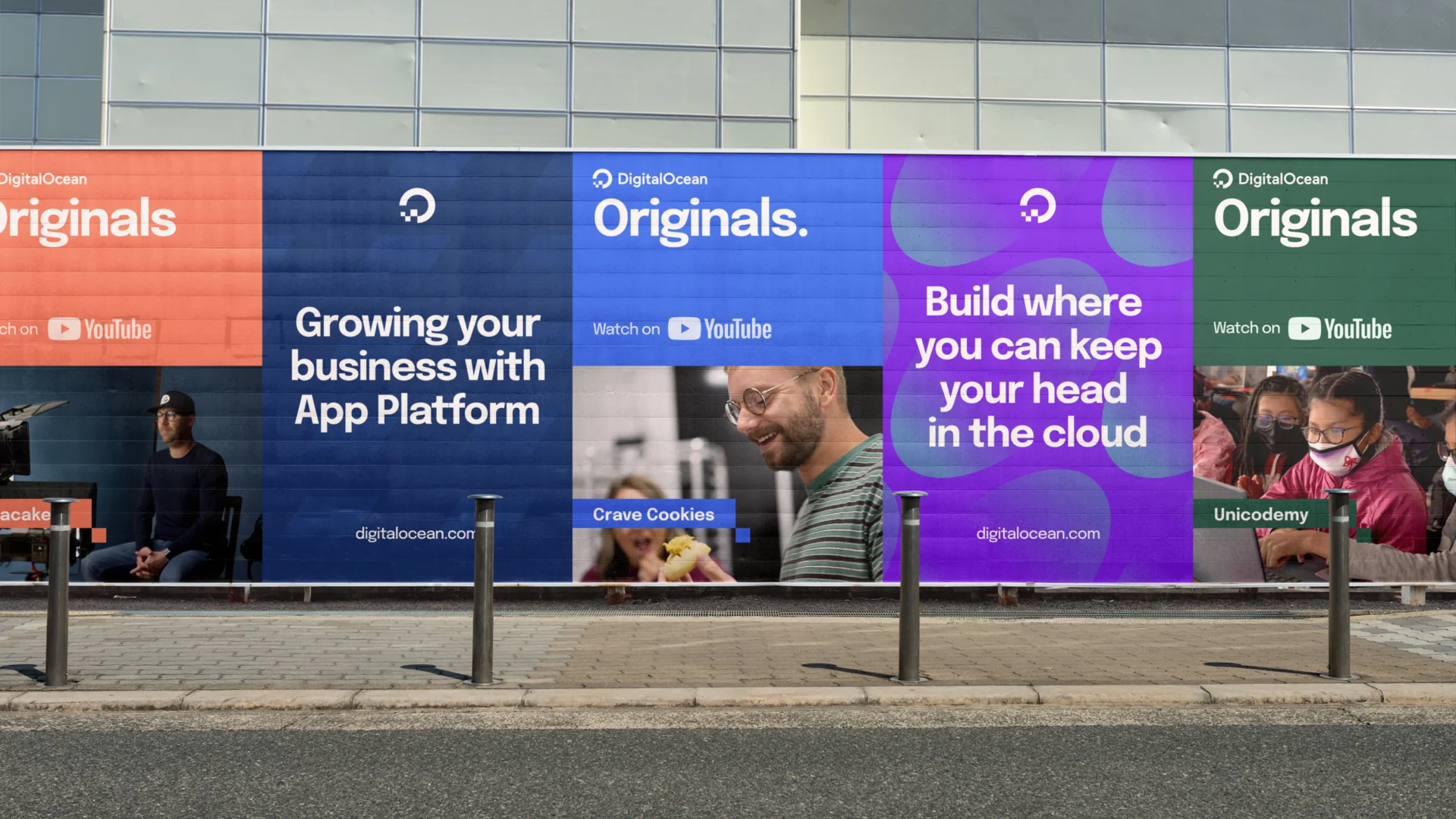 A five-panel 'DigitalOcean Originals' wall wrap in alternating brand colors, previewing a content series for YouTube.