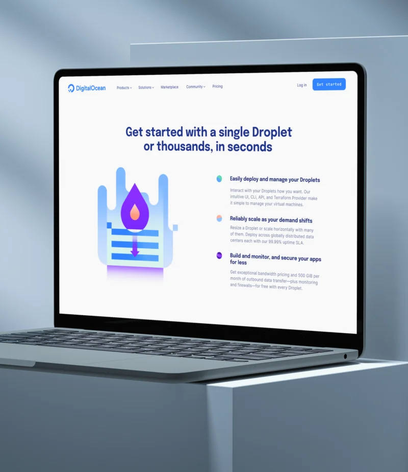 The DigitalOcean site on a laptop, showing a Droplet feature page with a custom illustration and three product benefits.