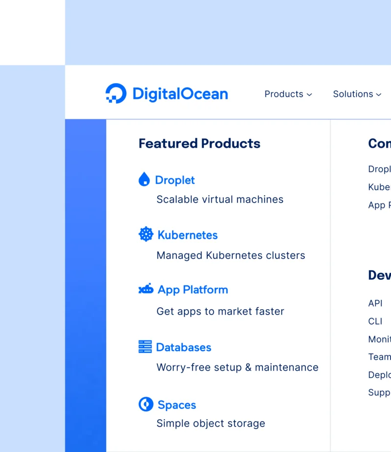 A close-up of the DigitalOcean site's navigation dropdown, listing featured and developer products against a blue-and-white grid.