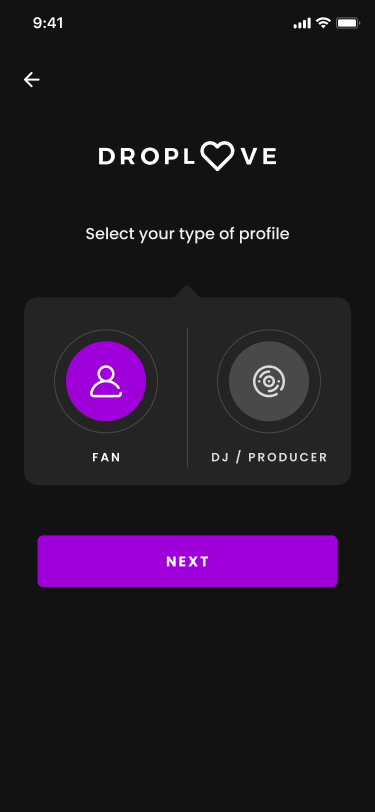 Account type selection — Fan or DJ/Producer