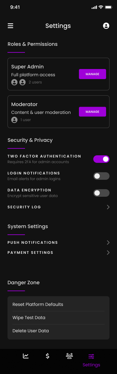Admin roles and permissions settings
