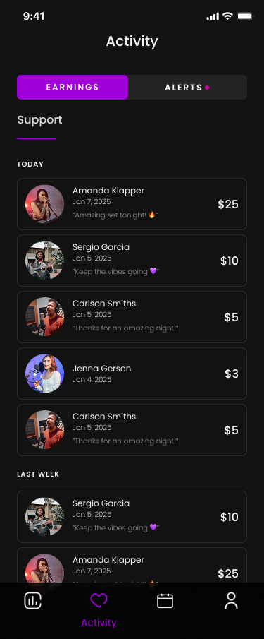DJ activity feed — earnings and alerts
