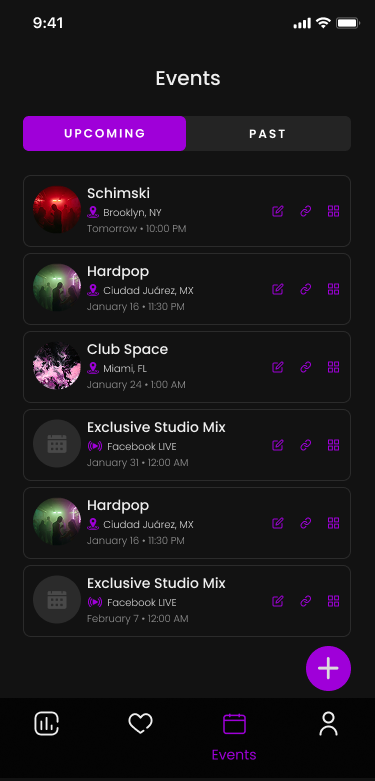 DJ upcoming events management screen