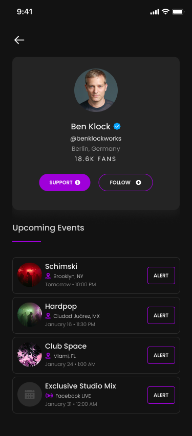 DJ profile with Support and Follow CTAs