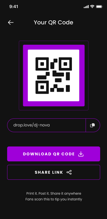 DJ's own QR code screen — print it, post it