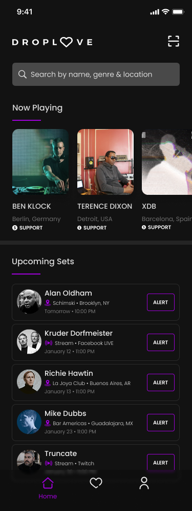 Fan home feed — Now Playing and upcoming sets