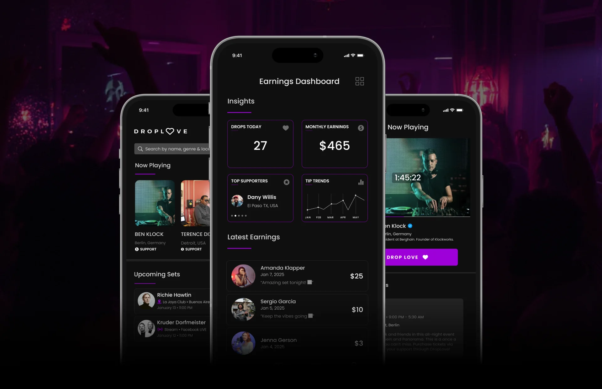 DropLove cover — real-time tipping for DJs, sending a tip from a phone in seconds.