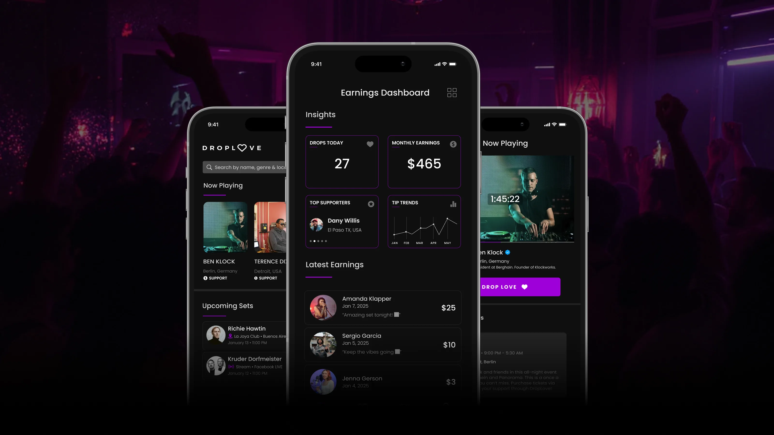DropLove — the app's now-playing feed, earnings dashboard, and live player shown on three phones over a nightlife crowd.
