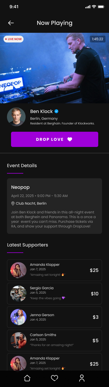 Live event details screen with Drop Love CTA