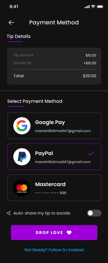 Payment method selection — Google Pay, PayPal, Mastercard