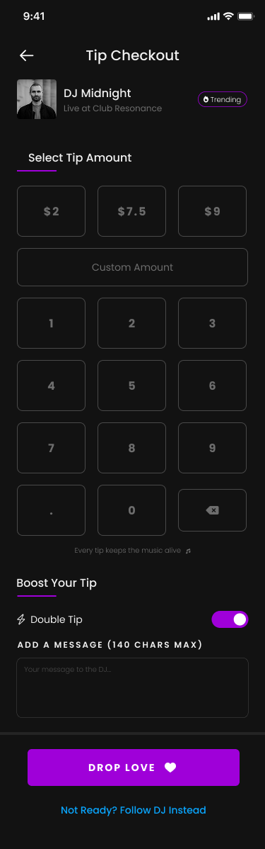 Full tip checkout with keypad and double-tip toggle