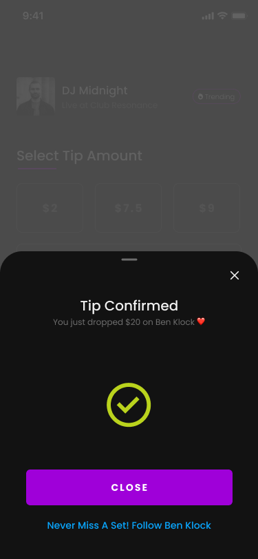 Tip confirmed screen — you just dropped $20 on Ben Klock