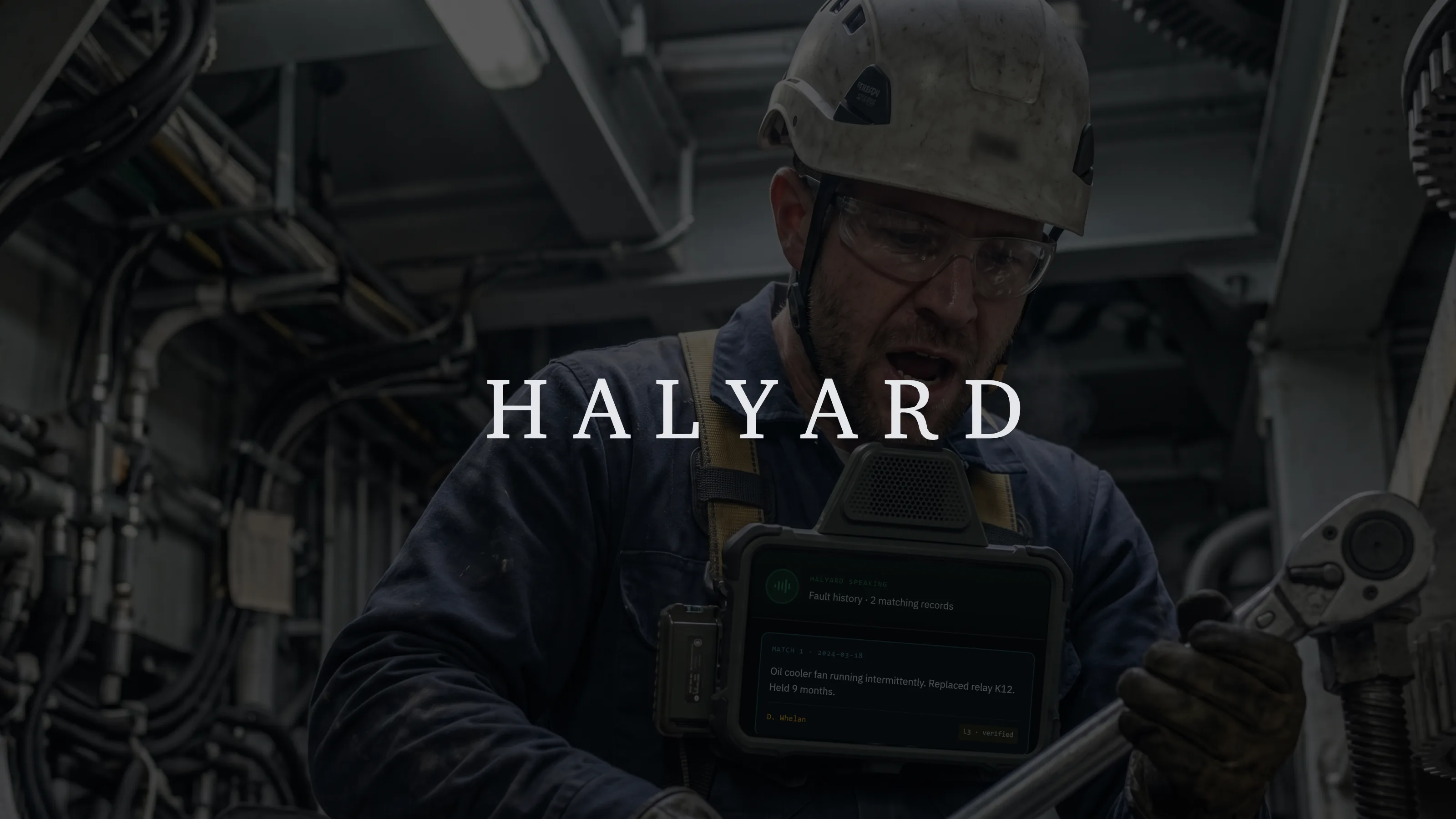 Halyard voice-first field agent shown across rugged field-service devices for wind turbine technicians.