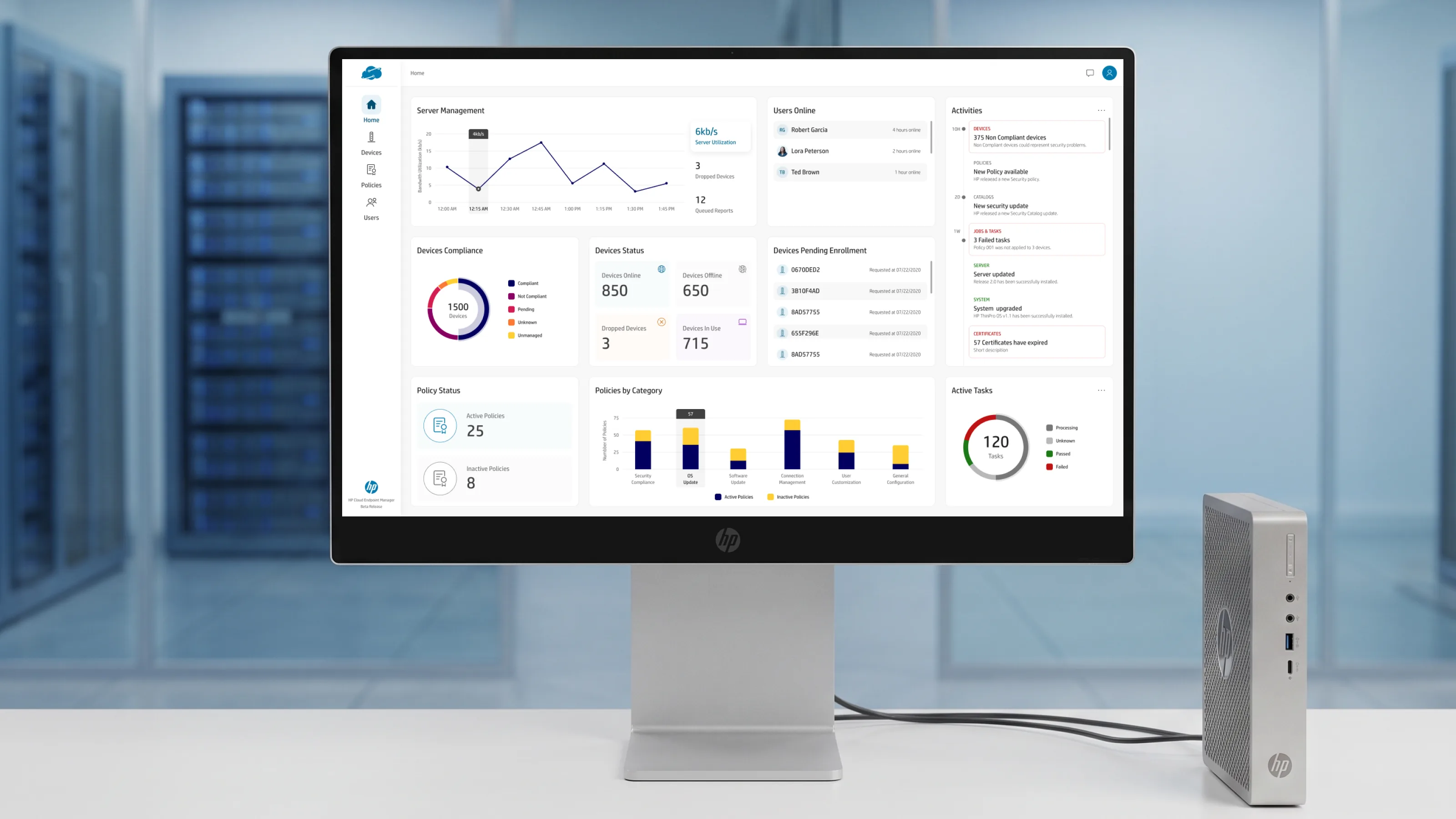 HP Wolf Cloud Endpoint Manager — the Home dashboard shown on an HP monitor beside an HP thin client, in a data-center setting.
