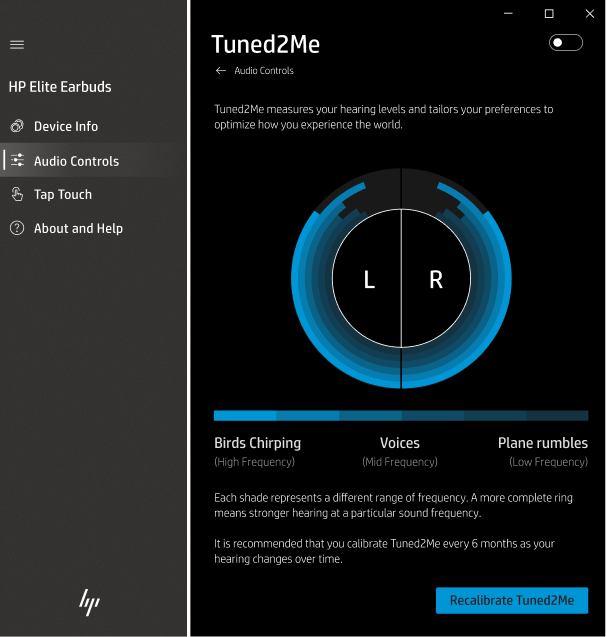 Tuned2Me personal hearing setup flow showing eartip fit selection, noise-level testing, and frequency calibration screens.