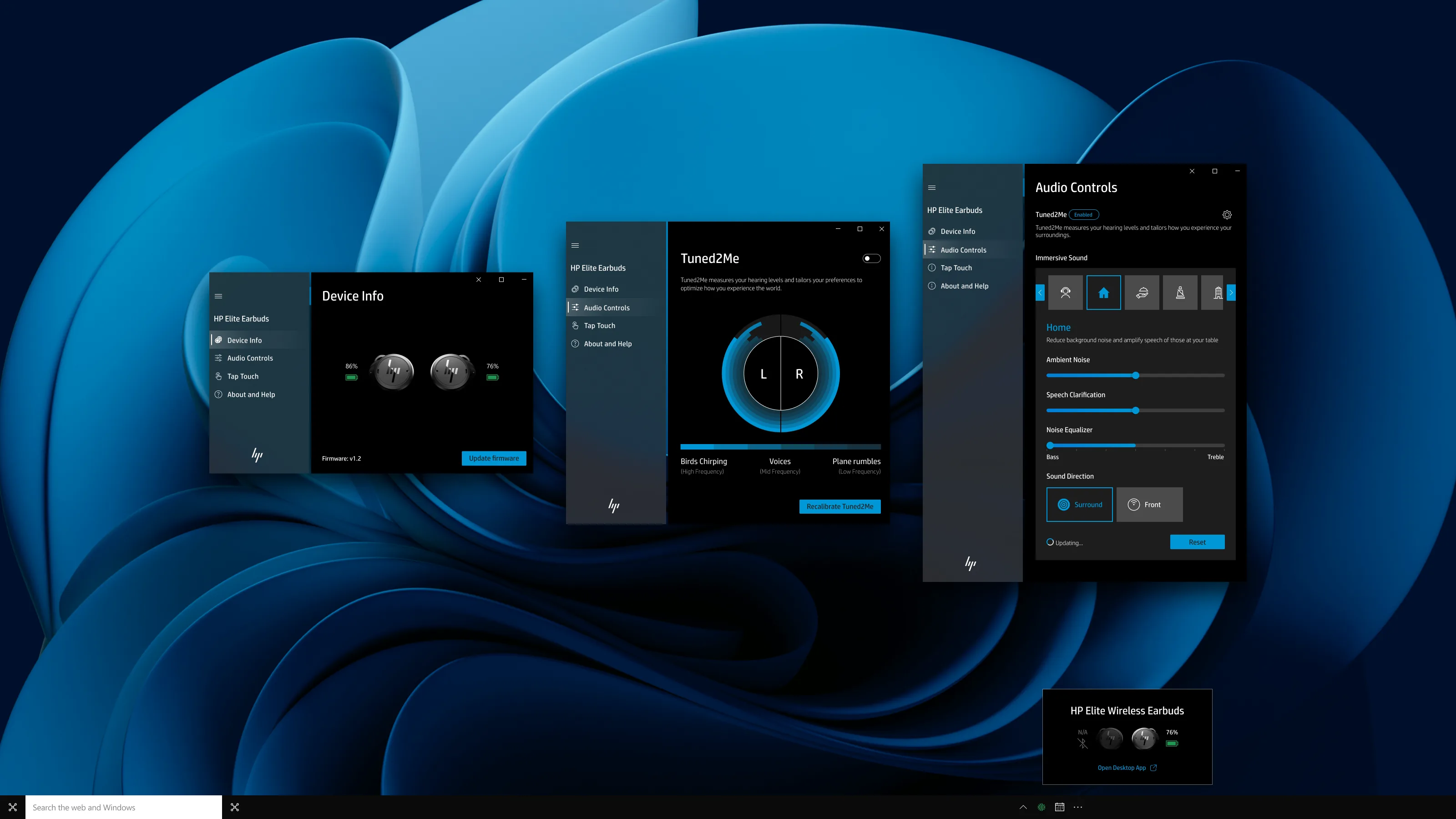 HP Elite Earbuds — the Windows companion app shown alongside the wireless earbuds and charging case.