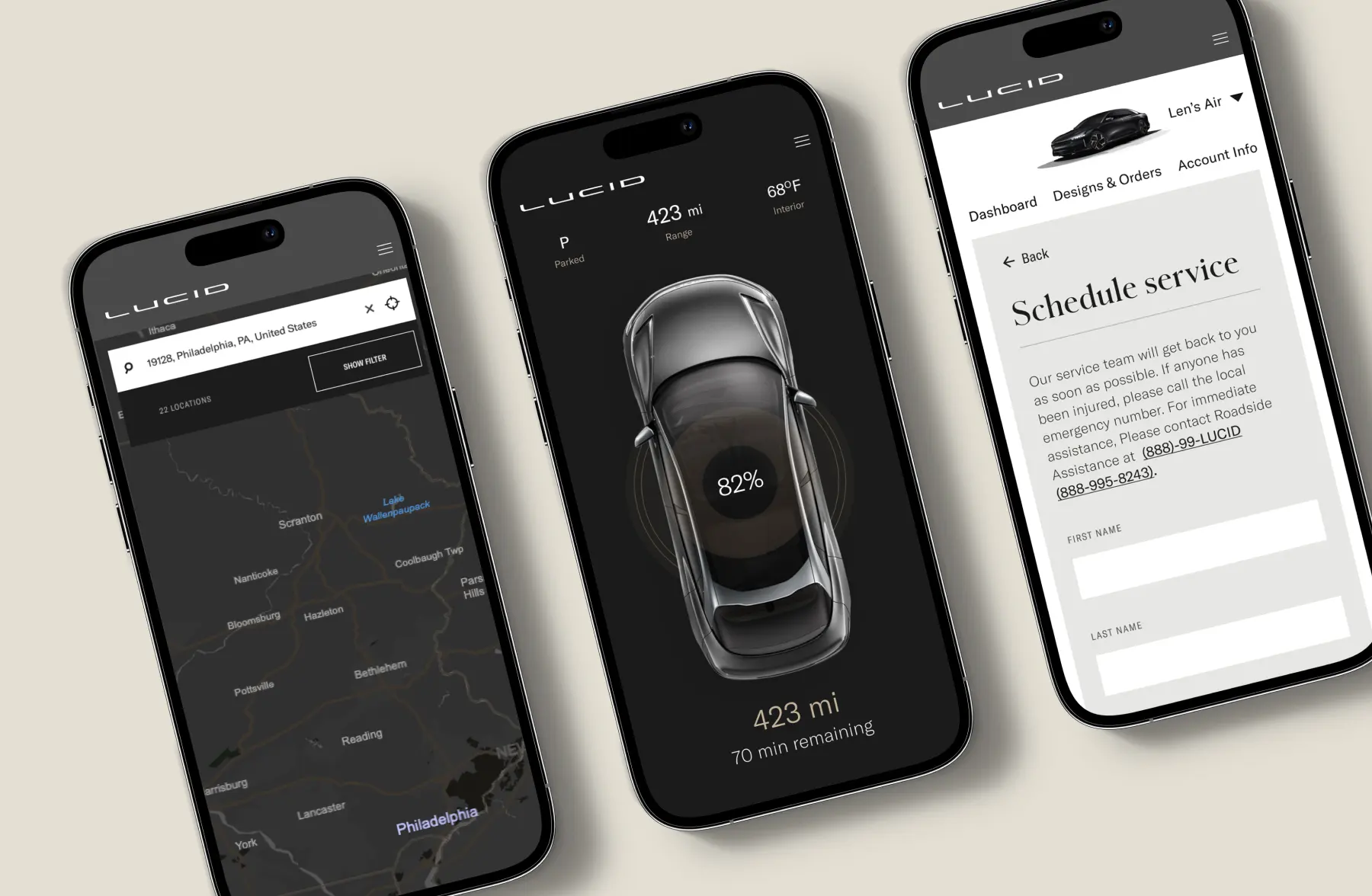 Mobile views of the Lucid app — trip planning and charging map, live vehicle status at 82%, and scheduling a service.