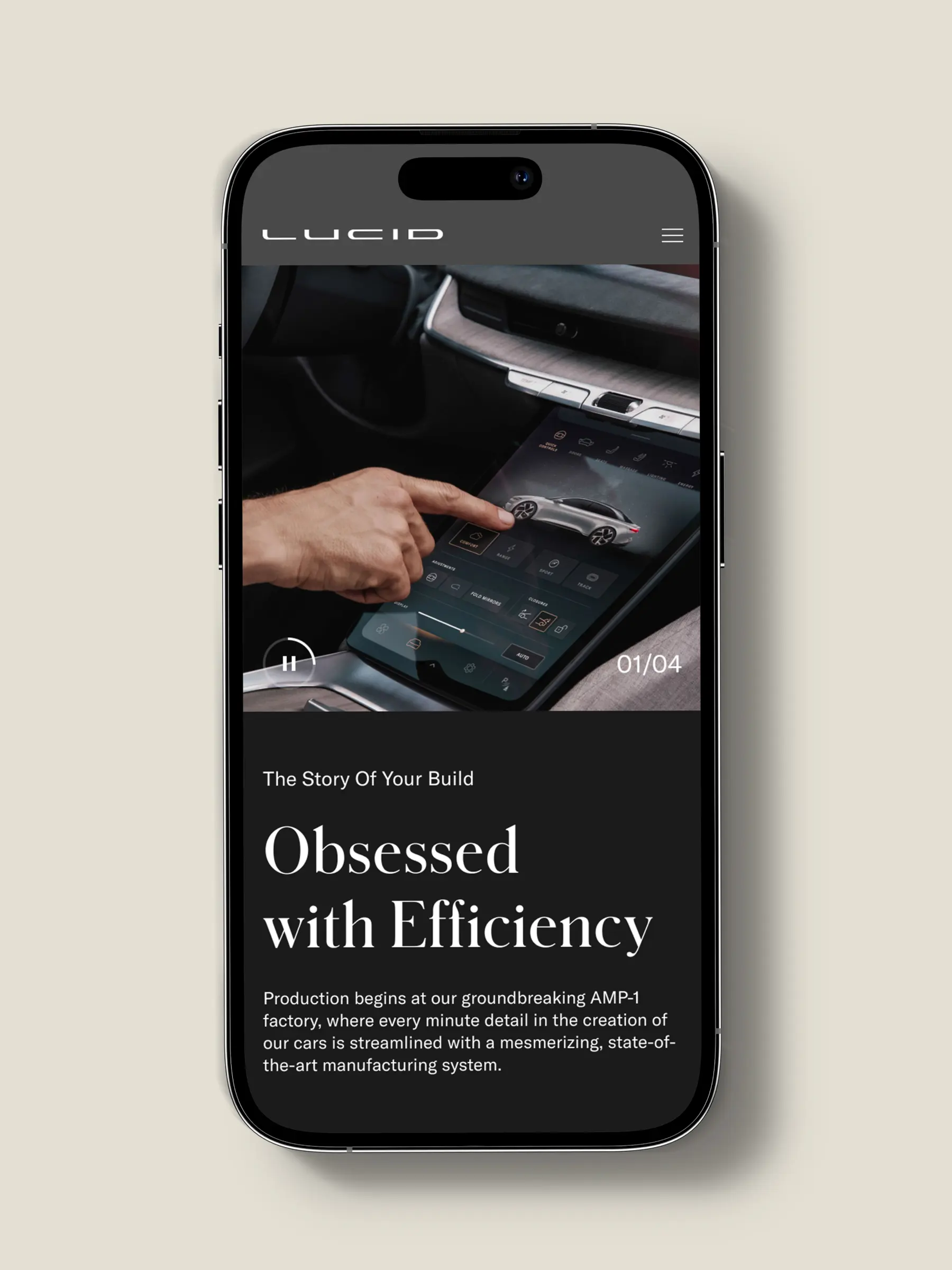 A mobile 'Story of Your Build' screen — 'Obsessed with Efficiency', narrating production at Lucid's AMP-1 factory alongside a configurator interaction.