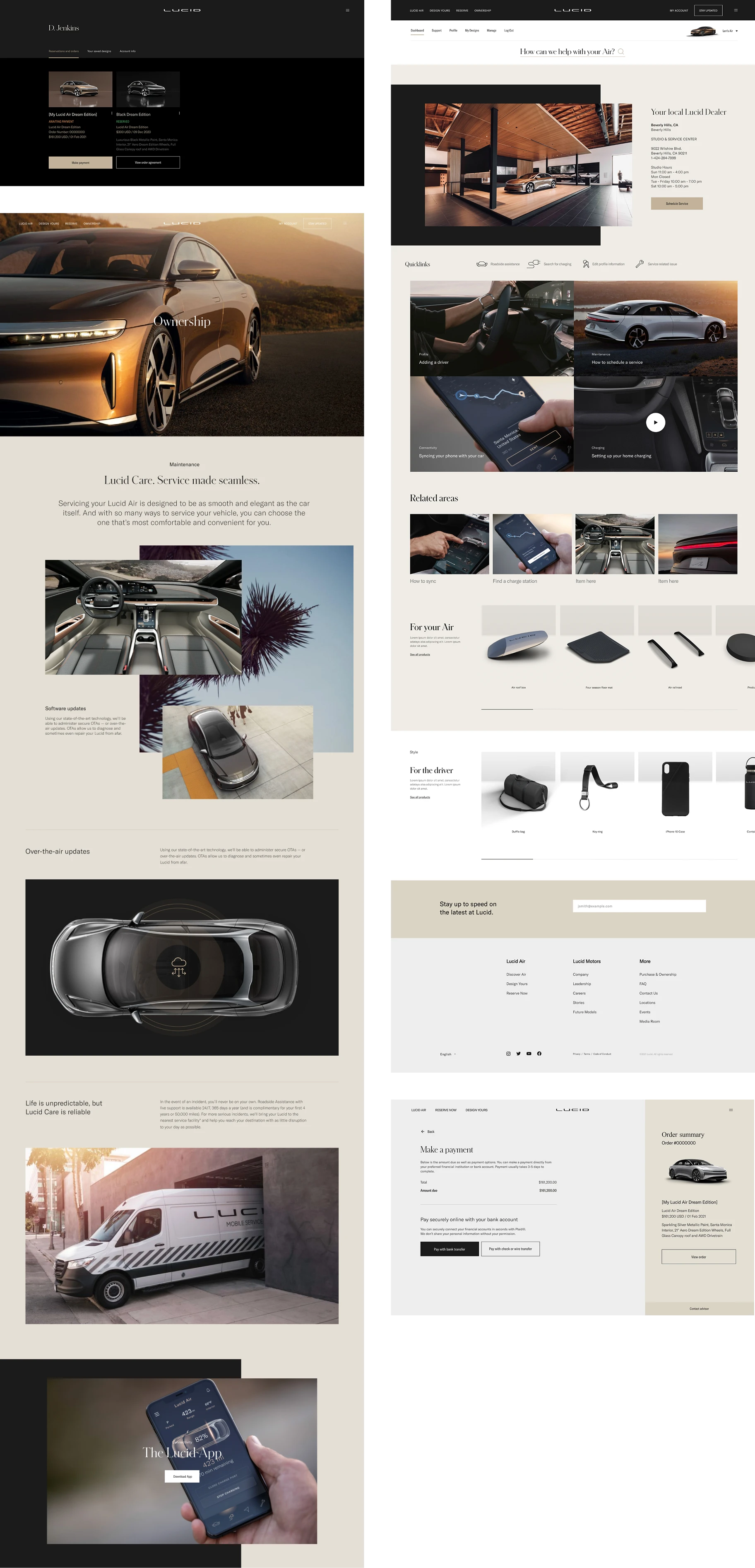 A collage of designed Lucid pages — the ownership home, Lucid Care service, over-the-air updates, roadside and mobile service, the Lucid app, local dealer and studio, related content areas, the accessories store, and the payment flow.