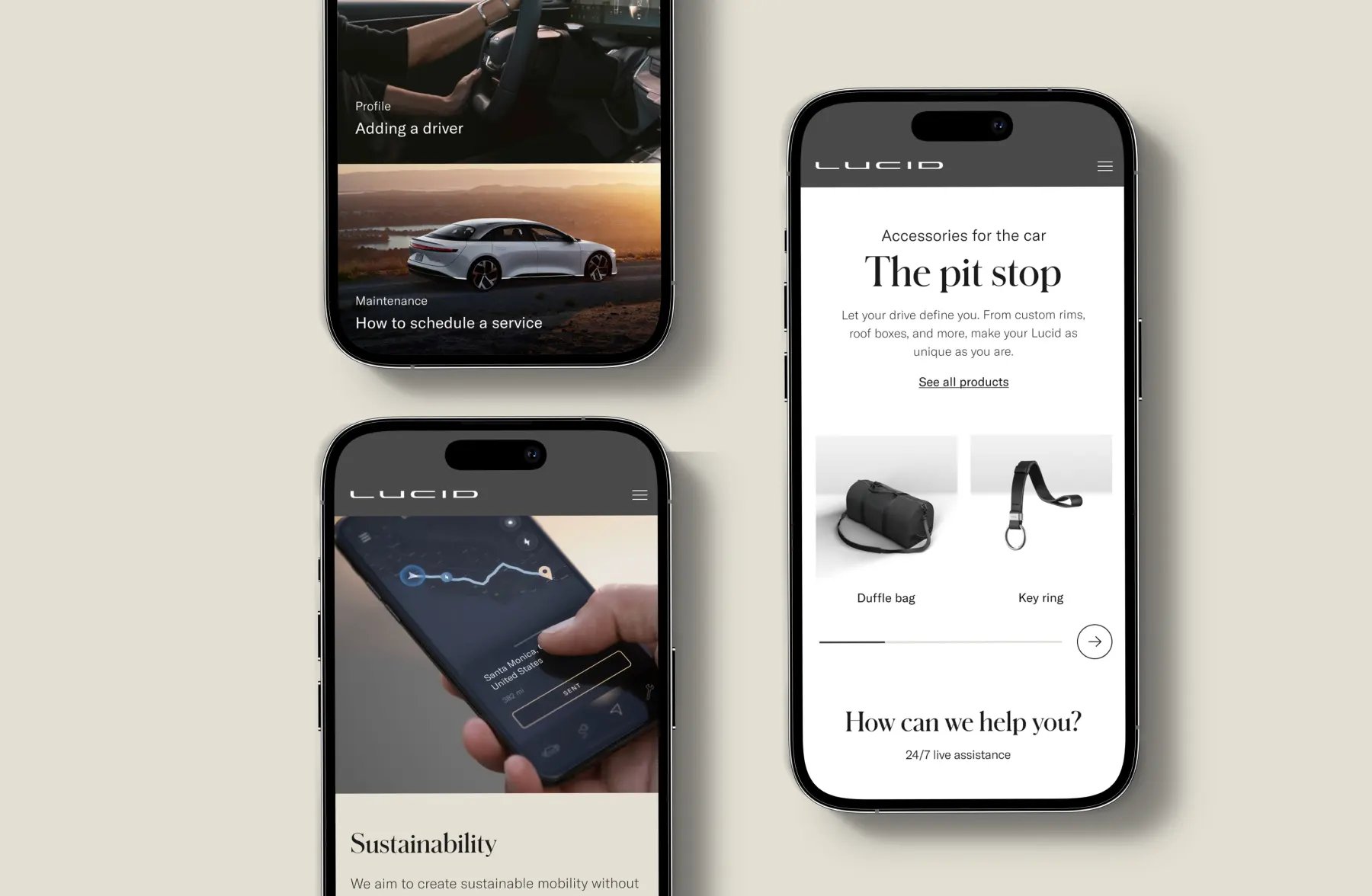 Mobile views of the Lucid experience — ownership cards for adding a driver and scheduling service, an accessories store, and a sustainability story.