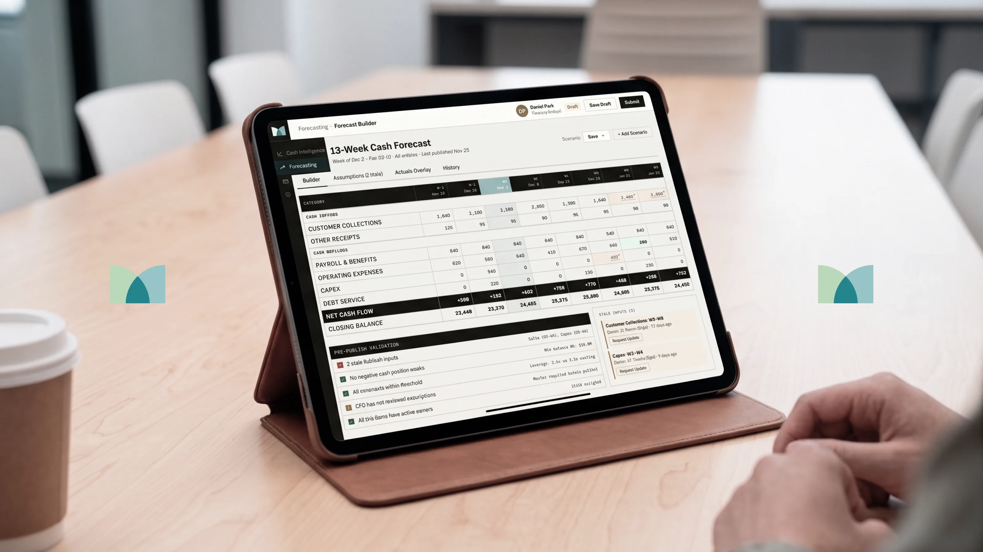 Meridian treasury intelligence shown across a laptop, external monitor, iPad, and phone on a desk — cash forecast, covenant monitor, and portfolio overview.