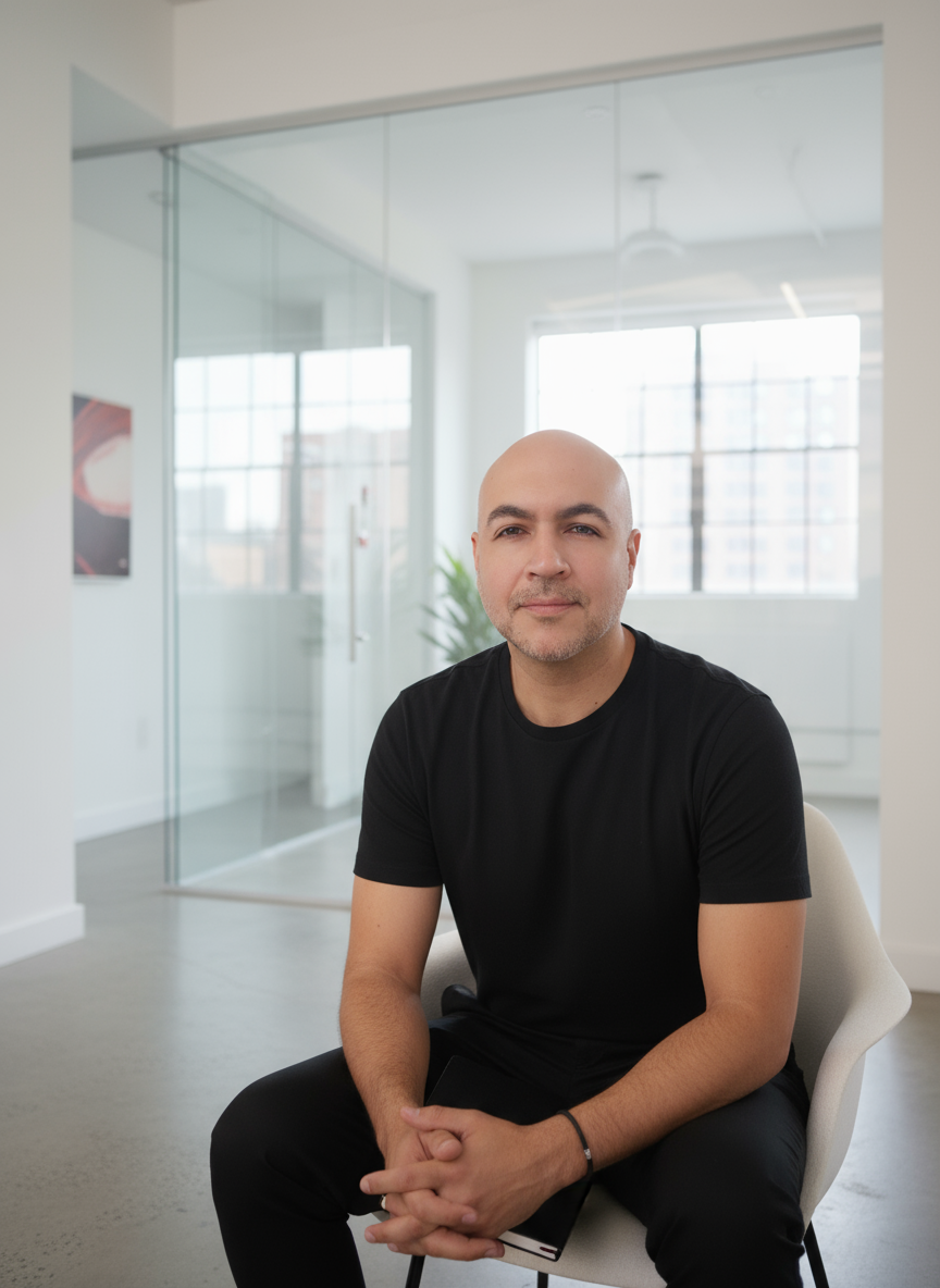 Rod Del Castillo seated in a bright, glass-walled studio