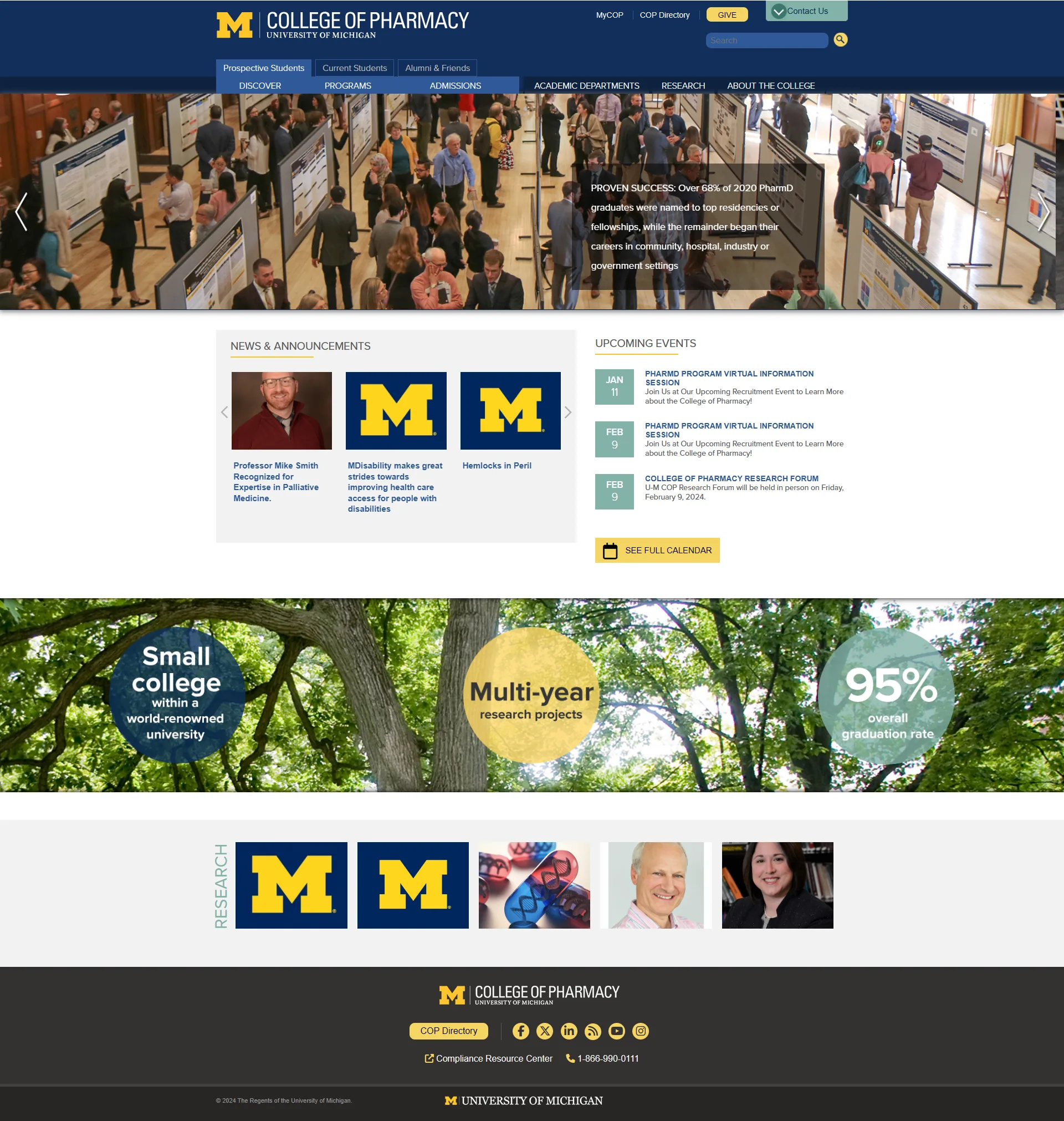 The original Drupal 7 College of Pharmacy homepage: a dated layout with a cluttered tabbed navigation and generic block-M placeholder images.
