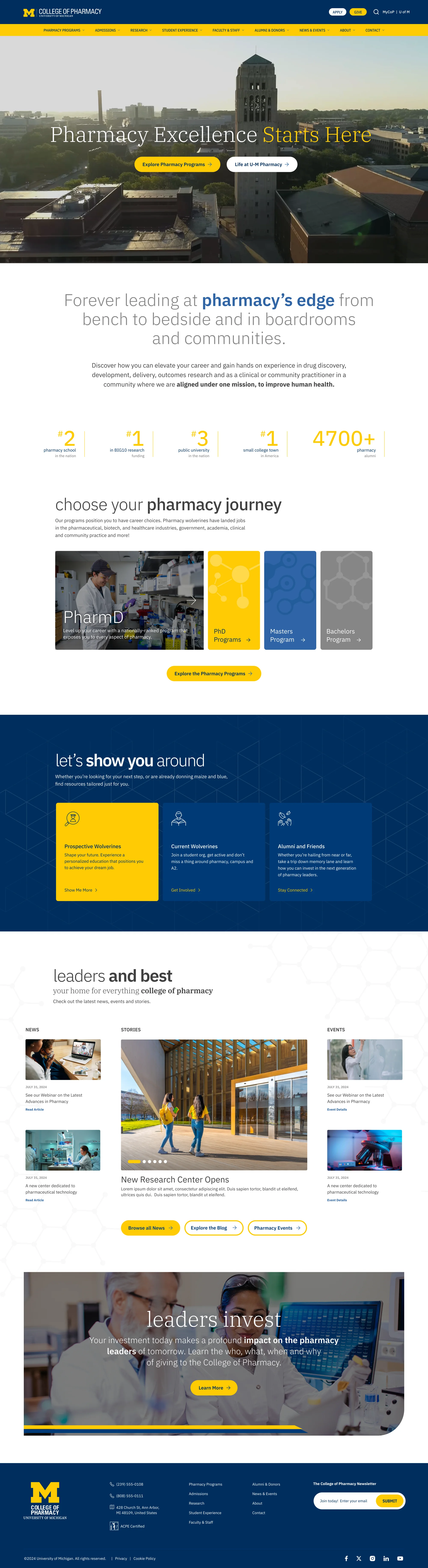 Redesigned College of Pharmacy homepage, full desktop page.