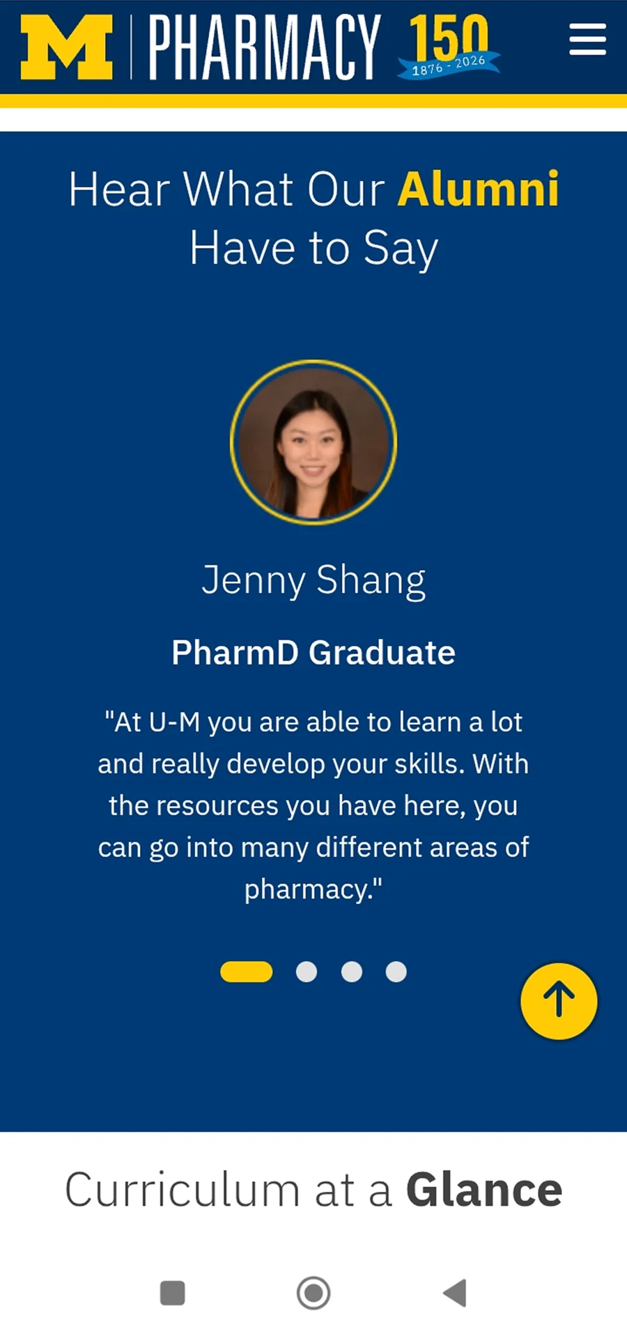 Mobile alumni-testimonial section: 'Hear What Our Alumni Have to Say', featuring a PharmD graduate quote.