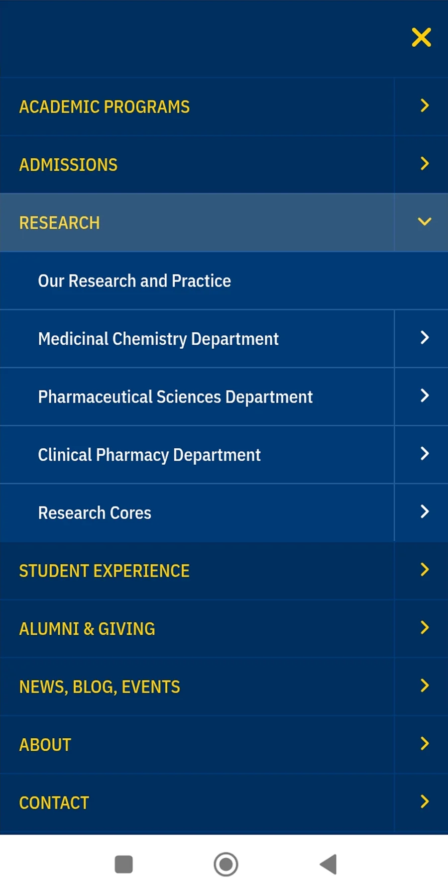Mobile navigation menu expanded, showing top-level sections with Research expanded.