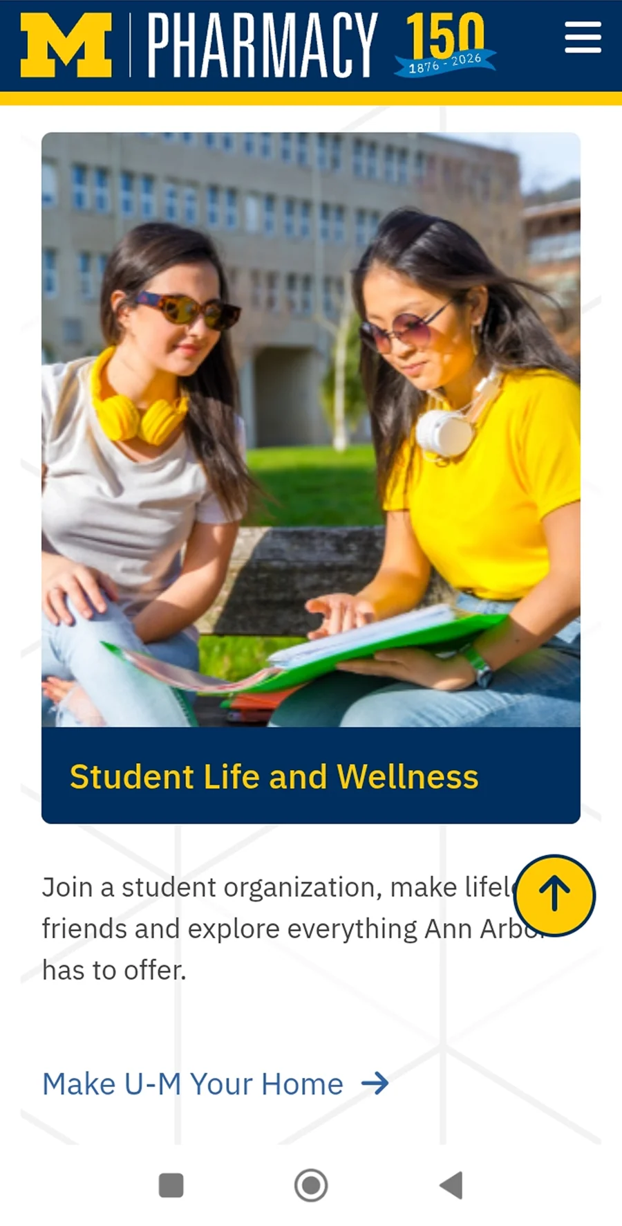 Mobile 'Student Life and Wellness' card with a campus photo of two students.